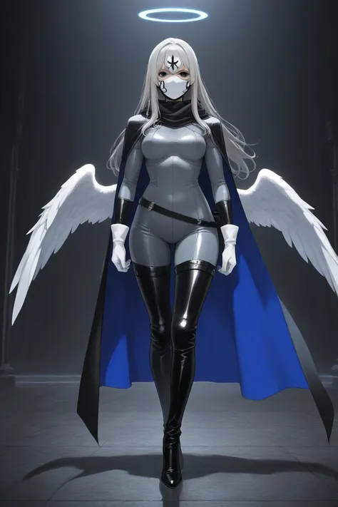 high resolution, masterpiece, necessary, detail, best quality, quality, necessary, details, High details, Precise, 
 
1girl_ ufotable style, ufotable anime

(Solo) faceless, mask covered face, white mask with black eyes, grey hair, long hair, blue long cap...