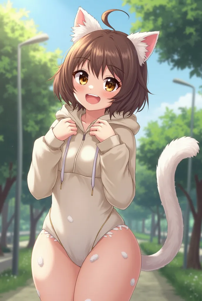 Furry, feline, white fur, smug, brown hair, short hair, bob cut, hoodie, thick thighs, thighhighs, tongue out, bubble butt, shortstack, bottomless, anus, brown eyes, long tail, outside, trees, daytime, clear sky, sun, wide hips, balls, cum in ass