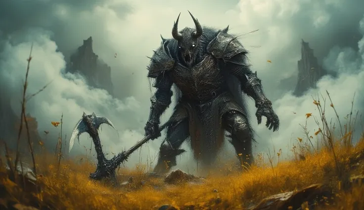 The perfect composition. A masterpiece. Close-up. A creepy large minotaur. The minotaur has a two-handed medieval axe in his two hands. He walks on two strong legs. Empty white eyes. The Minotaur is armored. gloomy lighting. dark yellow grass. The sky is c...