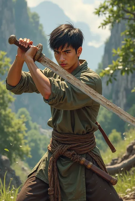 Young man with short dark hair training with a wooden sword