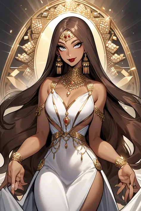 A long gown studded with jewels, accessories, a smile, wide gray eyes, long eyelashes, makeup, Arab features. A distinctive divine beauty beyond imagination. Long chestnut brown hair. Perfect hourglass body. Soft hands and nails. Self-confidence and arroga...