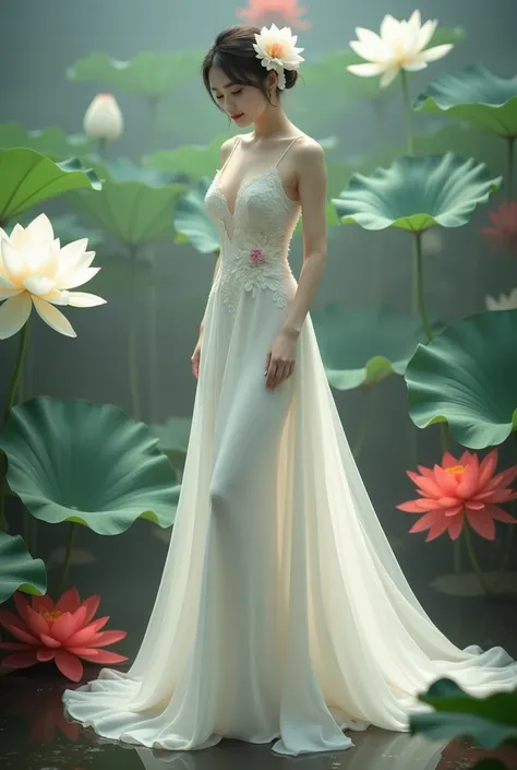 a woman in an elegant, flowing white gown adorned with floral designs. She is standing in a serene environment surrounded by large lotus flowers in various colors, including white and red, along with broad green leaves. The setting resembles a tranquil gar...