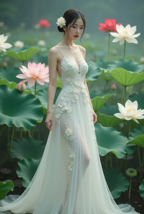 a woman in an elegant, flowing white gown adorned with floral designs. She is standing in a serene environment surrounded by large lotus flowers in various colors, including white and red, along with broad green leaves. The setting resembles a tranquil gar...