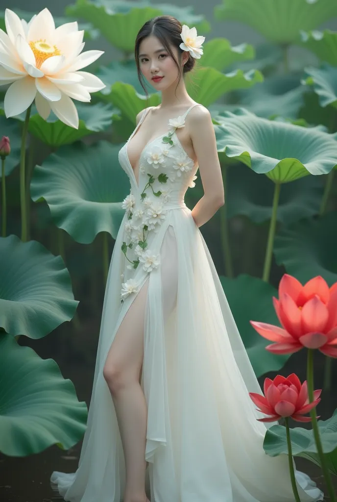 a woman in an elegant, flowing white gown adorned with floral designs. She is standing in a serene environment surrounded by large lotus flowers in various colors, including white and red, along with broad green leaves. The setting resembles a tranquil gar...