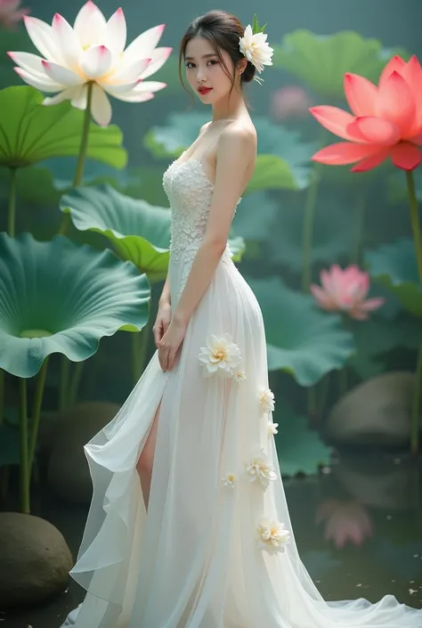 a woman in an elegant, flowing white gown adorned with floral designs. She is standing in a serene environment surrounded by large lotus flowers in various colors, including white and red, along with broad green leaves. The setting resembles a tranquil gar...