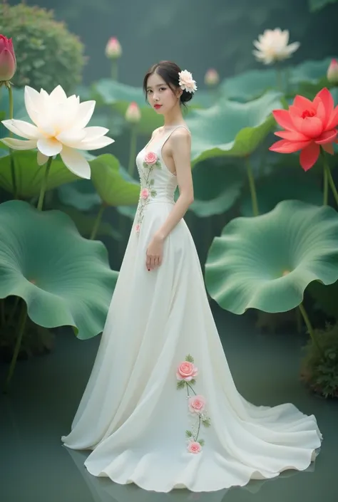 a woman in an elegant, flowing white gown adorned with floral designs. She is standing in a serene environment surrounded by large lotus flowers in various colors, including white and red, along with broad green leaves. The setting resembles a tranquil gar...