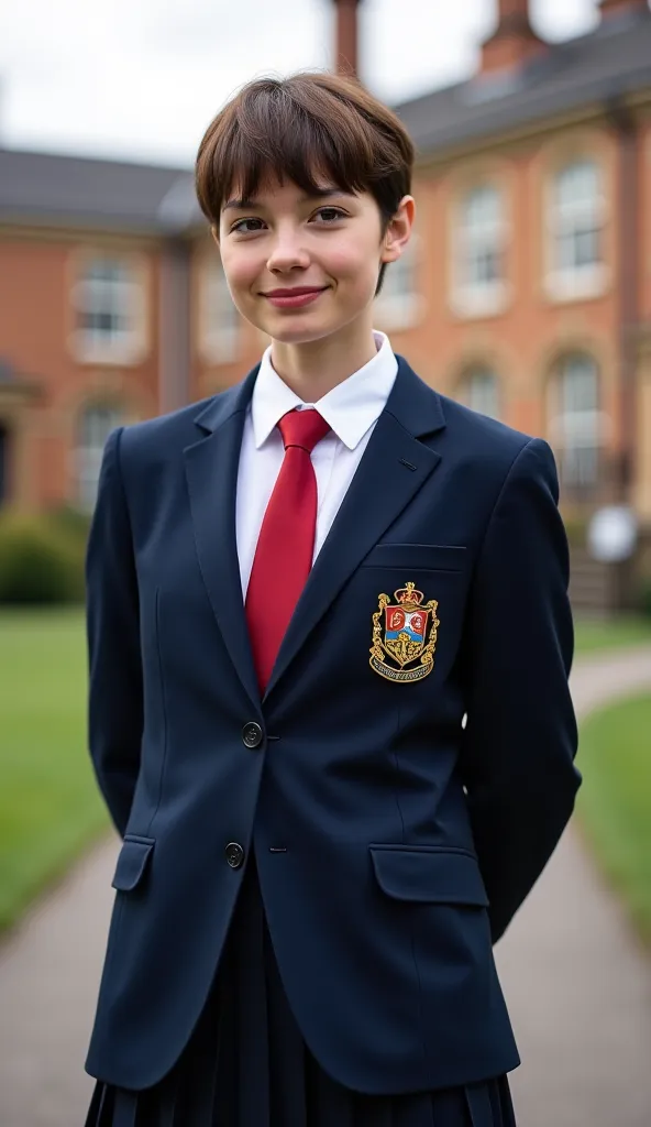 "A hyper-realistic, 8k resolution photograph of a 21-year-old affluent young woman with short hair and a fresh, modern look. She is dressed in an authentic UK school uniform featuring a crisp navy blazer with a traditional school crest, a pristine white sh...