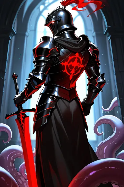 1boy, male, knight, black armor, hybrid, multiple tentacles sprouting from his back, (white tentacles), holding a great-sword, gret-sword pointed down at the ground, standing, red glowing eyes, face covered by helmet, shadowy aura