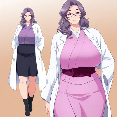 Anime Style, Woman, Mature, Tall, Thin, Serene Pose, Smile, Vibrant Colors, Vibrant Pink Eyes, Silver Purple Hair, Long And Wavy Hair, Bangs, Modern And Fitted Kimono Mixing Traditional White With Pink And Purple Details, Open And Stylized Lab Coat, Dark G...