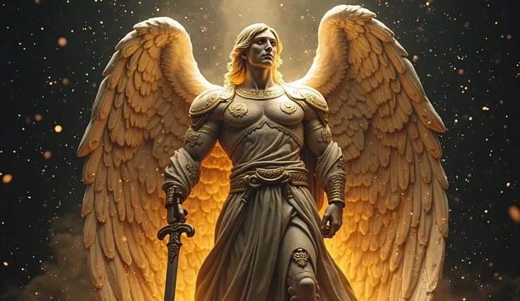  Imagine a grand stone statue representing an imposing male archangel ,  sculpted expression with noble features and firm expression , conveying strength and determination.  His golden armor shines brightly ,  contrasting with the gray and robust tone of t...