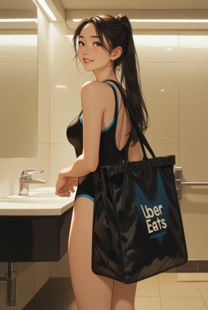 A young Asian woman who looks like her early 20s is standing in a public restroom。she has a long straight Her hair is tied back、wears a fitted black swimsuit with blue accents。and her look is confident and playful。she has an athletic build、slightly turned ...