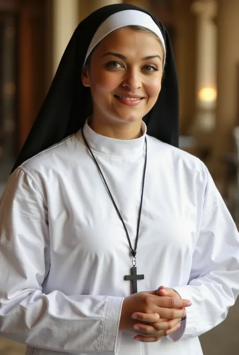 Aish Full Portrait of a nun, smiling pleasantly, wearing a white habit covering her hairs, black viel, and a dark cross pendant, hands clasped in front, centered in the frame, facing the viewer, natural lighting, warm tone soft lighting, photorealistic sty...