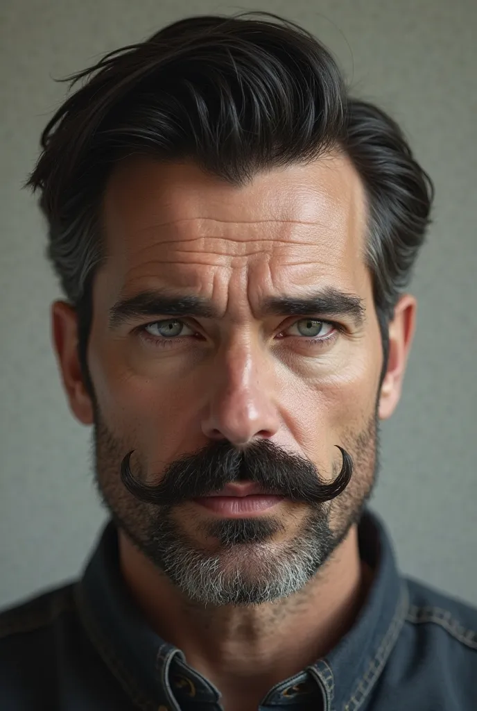  Create a 38-year-old ,  White , blue-green eyes, black hair brushed back, with a mustache arched upwards and a beard. It has a serious expression, but quiet.