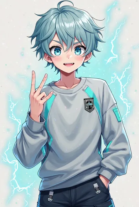 boy, , gray-blue hair, aqua blue eyes, friendly expression, crazy, gray crewneck sweatshirt with aqua blue, black cargo pants, electric details, anime style