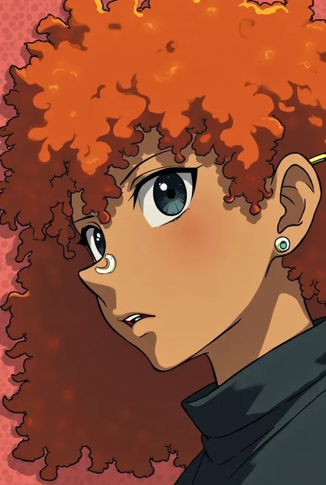 The image in question is in the style of Jujutsu Kaisen, She is one with brown skin and dark eyes. Her hair is curly and long in an orange red, with a blonde lock next to her ear, on the inside of her hair. She has three piercings in her nose, one with a r...