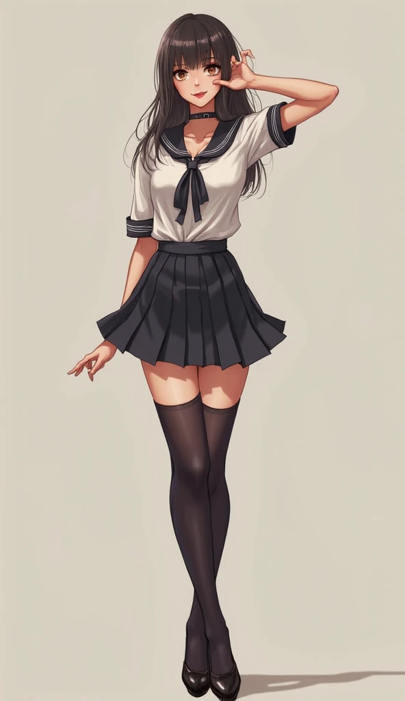 there is a woman in a skirt and stockings posing for a picture, thighhighs and skirt, wearing skirt and high socks, mini-skirt, maid outfit, dressed as schoolgirl, jk uniform, japanese girl school uniform, black skirt, miniskirt, wearing skirt, seifuku, sc...