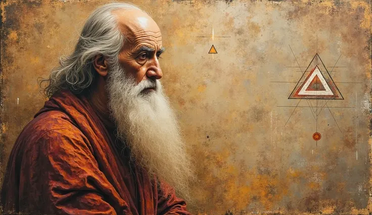 (an oil painting style drawing on canvas, What does it portray with burnt edges:) From the philosopher Pythagoras