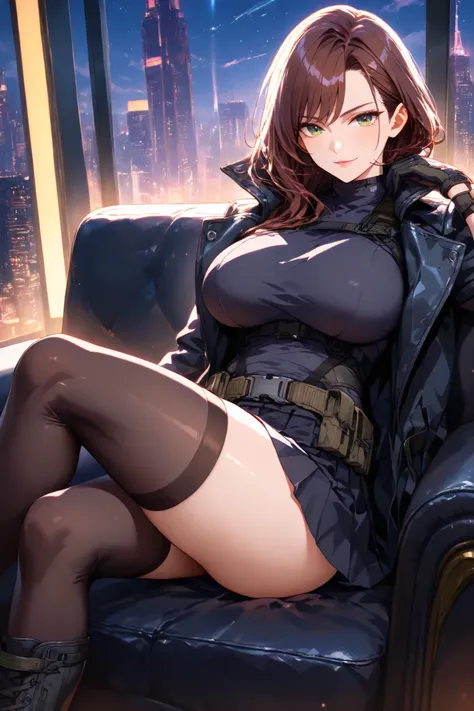 (masterpiece, best quality, absurdres, highly detailed, anime-style illustration), 1woman, adult woman, mature woman, mid-20s, (slim body, toned body, large proportionate breasts, full proportionate thighs, plump proportionate thighs), green eyes, (very lo...