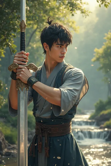 Young man with short dark hair training with a legendary sword