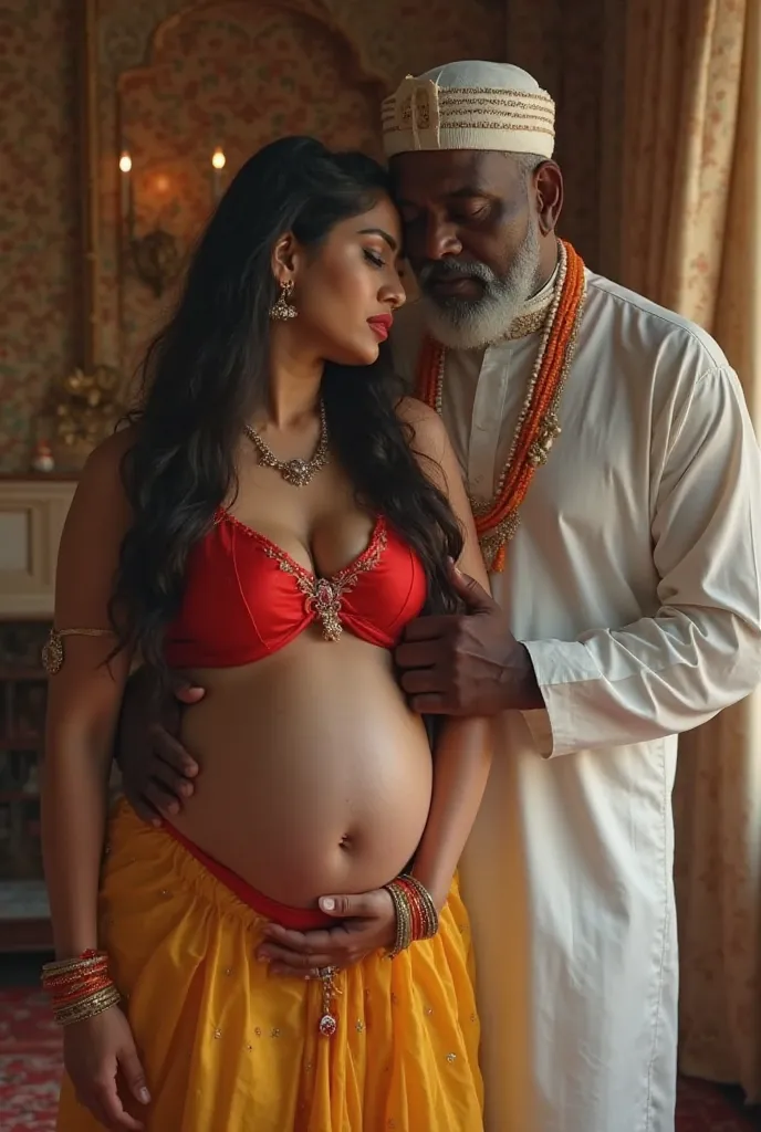 Beautiful cute indian white skin colour hindu , heavily pregnant, chubby curvy body , big boobs, wearing red colour silky bikini, yellow petticoat, cleavage, and shiny curves, face expression seducing, and shy,  groped by 60 years old Bangladeshi ugly blac...