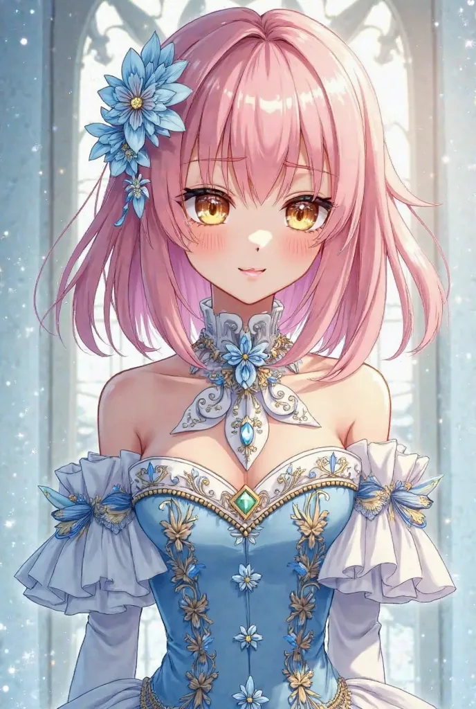 creating a girl with light pink hair slightly longer than her shoulders, golden eyes glittering needle, even with a wry smile but a cold look but suffering. Wear noble lady dress Magnificent noble duke with flared shoulders, add many sparkly flowers in lig...