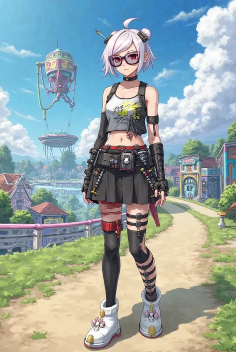 Female character 
Hair: short, white with pink highlights, Trapped in a bun, with a hair stick.
glasses: Of small, dark suns, with a retro shape.
face: Makeup with red lines under the eyes, giving off an air of a warrior.
 top: White tank top with black an...