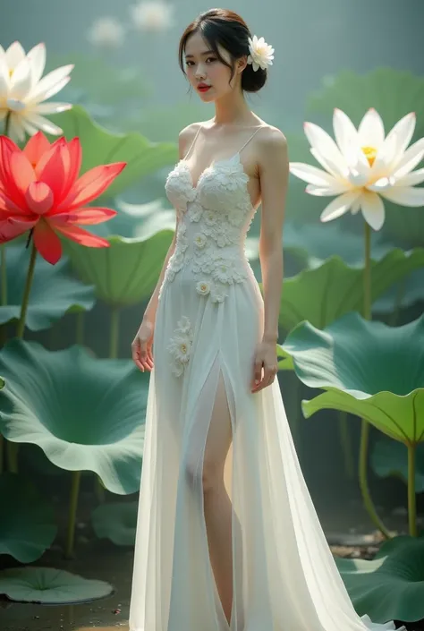 a woman in an elegant, flowing white gown adorned with floral designs. She is standing in a serene environment surrounded by large lotus flowers in various colors, including white and red, along with broad green leaves. The setting resembles a tranquil gar...