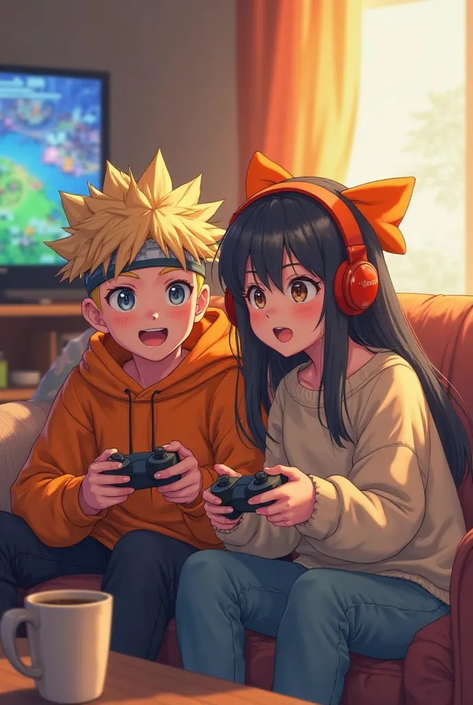 A dynamic digital painting of two young anime-style characters intensely playing video games together in a cozy living room. The boy has spiky blond hair, a headband, and wears an orange hoodie, while the girl has long dark hair, wears a cream sweater, and...