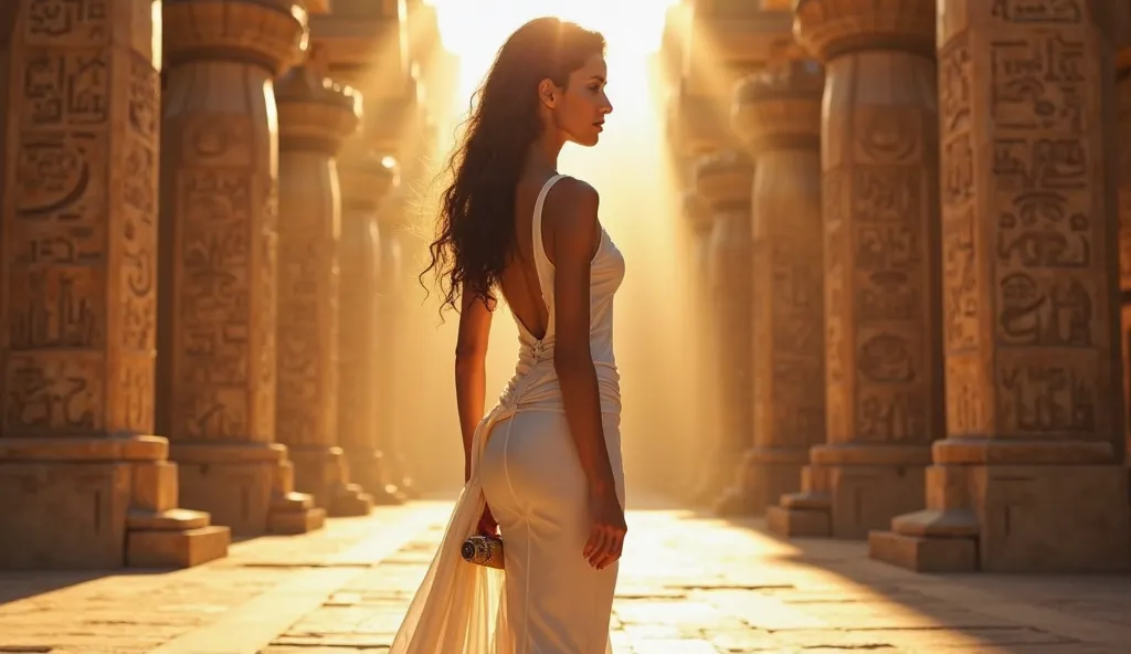 A stunning young Egyptian priestess in a sleek, form-fitting white gown with a daring neckline that accentuates her curves. She stands in a grand temple, her posture elegant and confident, holding a sacred scroll. The golden light of the sun highlights her...