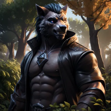 white werewolf, eyes blue, jacket, bare chest, casting magic spell, strong, muscular, standing, big teeth,