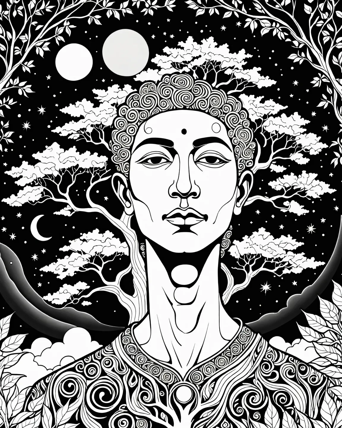 
/coloring page prompt:uncolored coloring page,a painting of a man's face with a tree and moon in the background, psytrance artwork, 🪔 🎨;🌞🌄, michael page, shamanistic clothes, !!natural beauty!!, beautiful avatar pictures, imagination cosmic dream, the bod...