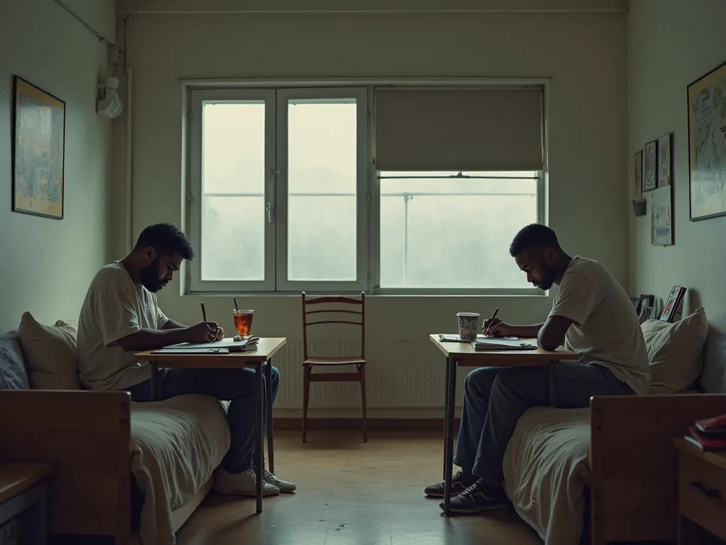 Derrick and Manzi separated, sitting alone in their rooms: "Two separate rooms: Derrick sitting at his desk, studying with a notebook and pencil, looking serious and a bit lonely. On the other side, Manzi is sitting at his desk, doing the same, but both ar...