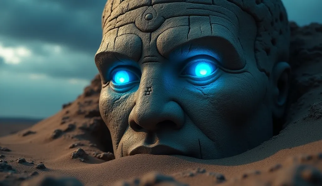 Colossal face of an ancient stone giant, partially buried in sand, with glowing blue eyes piercing through the darkness. Dramatic spotlight from above highlighting the giant's face, while the rest is shrouded in shadow. Cracked and aged stone texture, with...