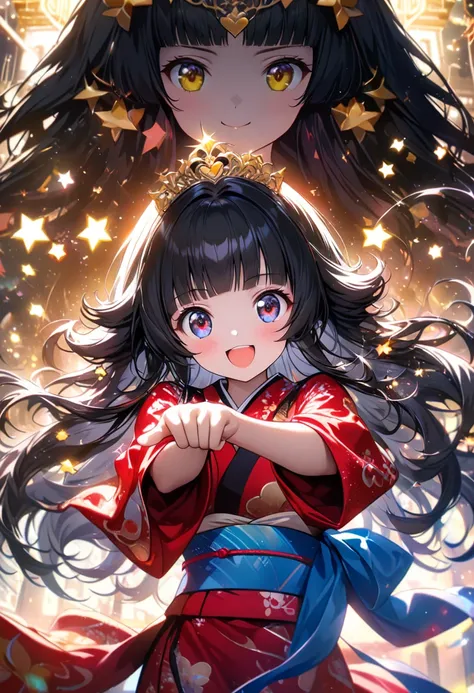 ((Cute Japanese girl, Anmitsu Hime, Hime cut, long hair in the back, black hair, red kimono with lots of gold heart patterns, blue sash, gold tiara, lots of star-shaped hair ornaments, excited look, cute pose, looking at camera, happy expression, lively sk...