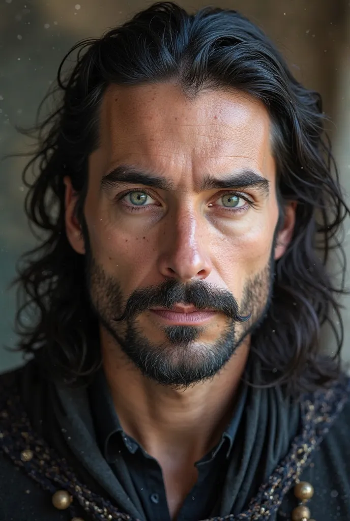  Create a 38-year-old ,  White , blue-green eyes, black hair brushed back, with a mustache arched upwards and a beard. It has a serious expression, but quiet, welcoming and carefree.
This man is a medieval wizard.