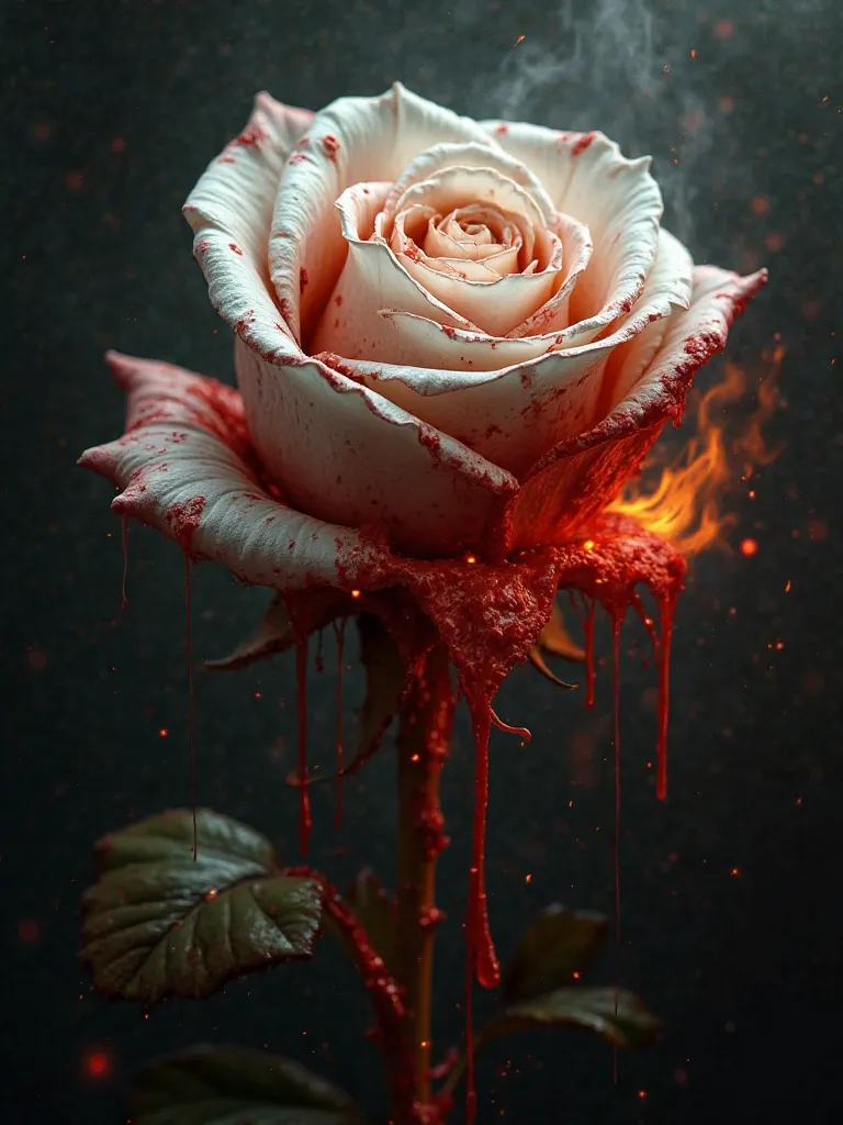 A white rose with a head dripping blood with fire 