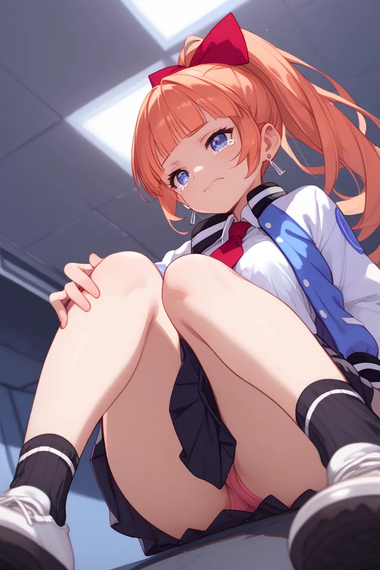 anime style,Black floor,1 girl, rcgkyoko , ponytail, hair bow, red bow, school uniform, letterman jacket, open jacket, long sleeves, white shirt, red necktie, black skirt, pleated skirt, earrings, Low angle with legs up close , wear long black socks ((Clos...