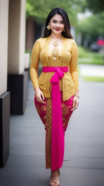 photography, woman,  portrait of bottomless woman wearing kebaya_bali, kebaya dress traditional, red lipstick, golden necklace, earrings, ornate, detail, flowers, blurry background, soft focus, bottomless,....FNelson, , naked, full body, bouncing, bouncing...