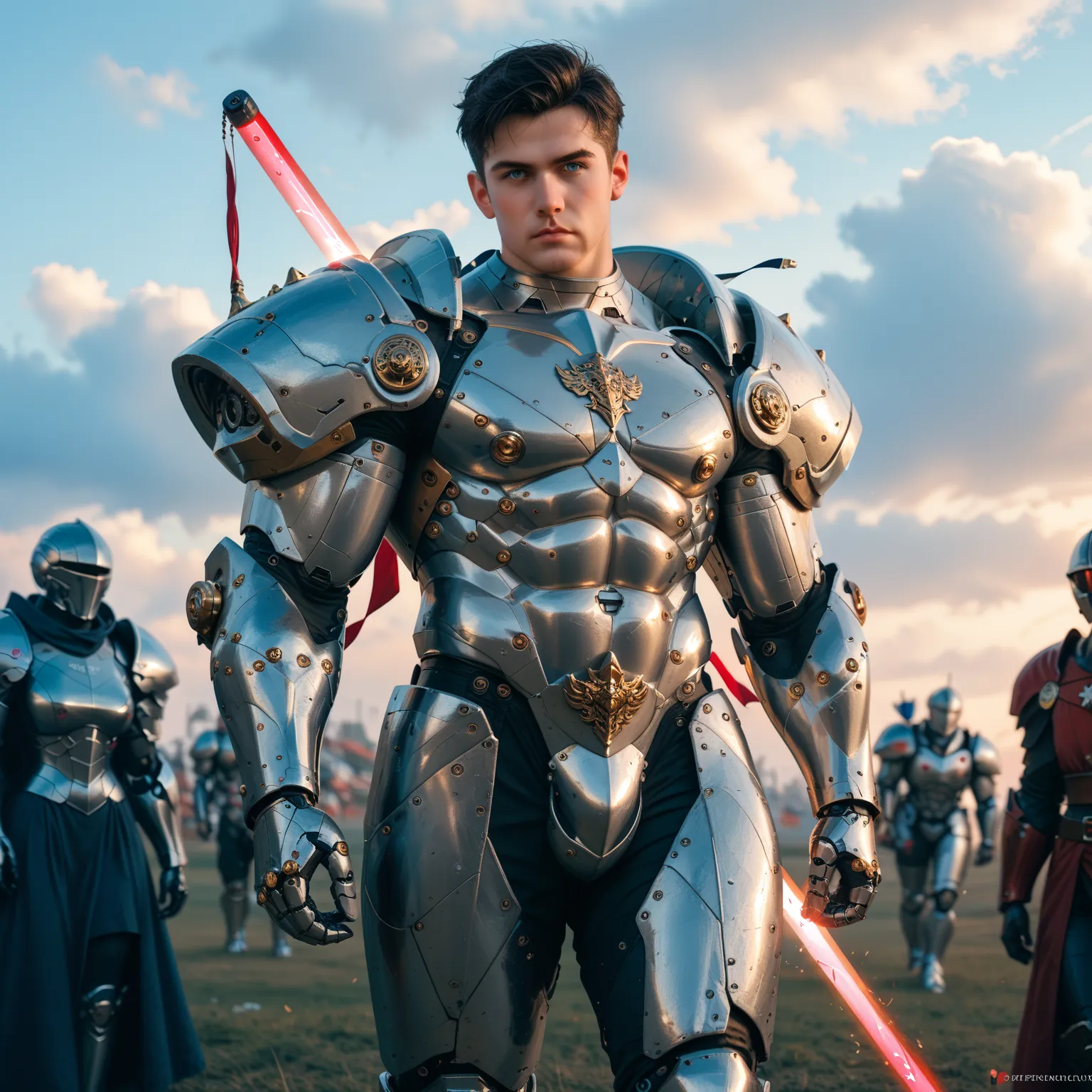 Cybernetic Knight, Male, Heavily Muscled Cybernetic Metal Flesh, Wearing shiny reflective Steel Heavy Armor, Grasping a Laser Great Sword, Standing in a Medieval Battlefield