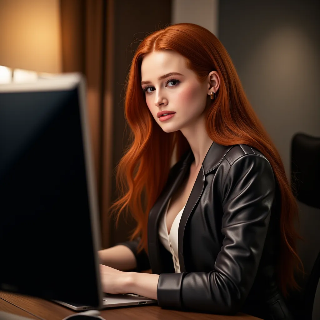 A beautiful girl with long red hair, detailed eyes, Nose, my lips, who wears a professional outfit , sitting in her office, using your computer, hp computer (the best quality,4k,8K, highres,masterpiece:1.2),computer,( Realistic,photo Realistic,photo- Reali...