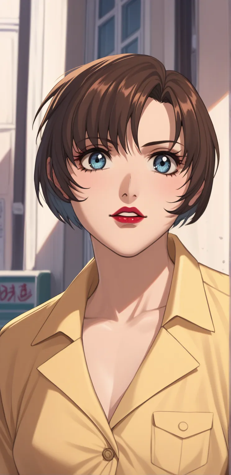 er1k4gur4z4k1, Brown hair,  short hair,  blue eyes, lipstick.