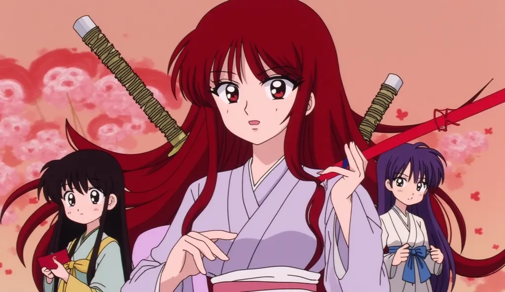 Anime Solo, 1girl, long hair, dark red hair color, "V" shaped hair bangs, Katana behind his shirt, Wearing Kenshin samurai clothes, woman, Breasts, Holding traditional Japanese red paper, big eyes, furrowed eyebrows, big eyes . with friend short purple hai...