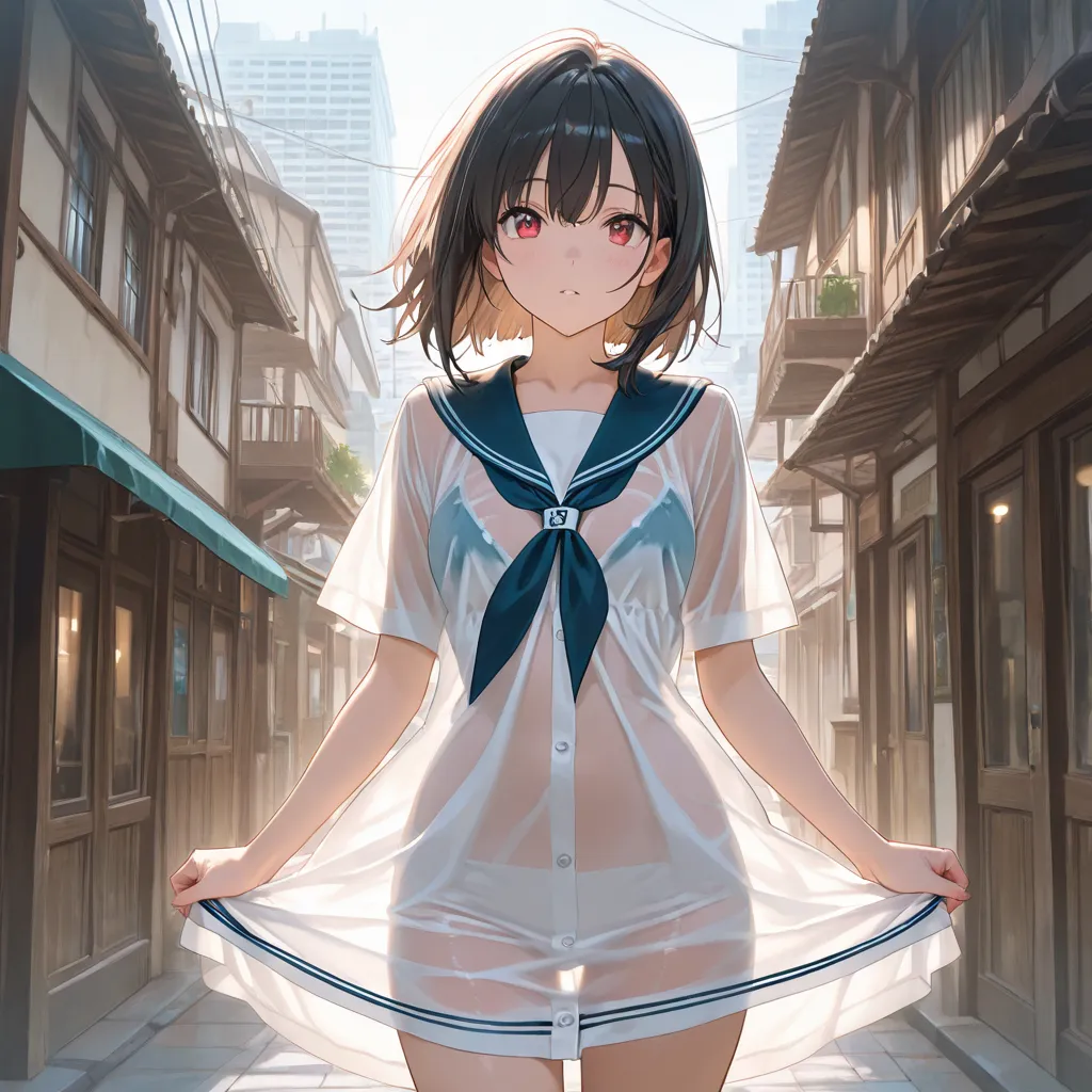 masterpiece, best quality, high resolution, anime, 1girl, sailor dress, see through, city