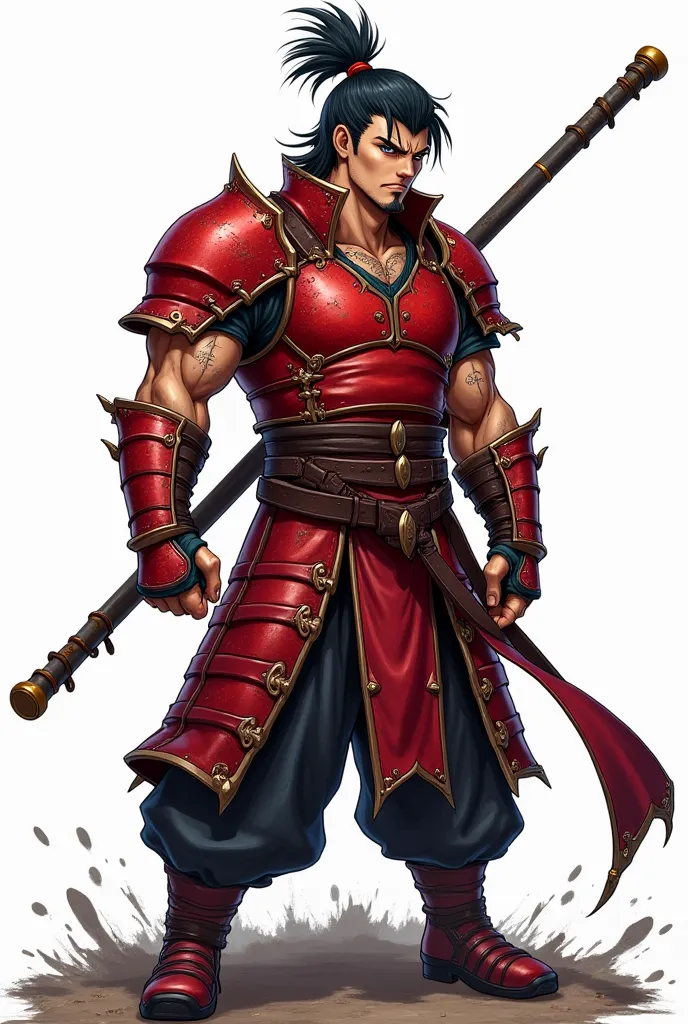 full body, rugged, scarred man with spiky black hair tied in a bun, brown eyes, goatee, covered in battle scars, wearing a red japanese armor, intense, wielding a polearm, exuding a sense of relentless determination and survival, high quality, detailed, ch...