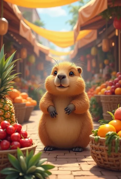 A cute capybara, strolling at a market and looking at the fruit to buy
