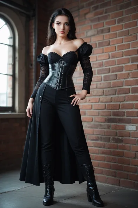 A young woman with a black corset,  black miniskirt ,  and overcoat black. black-haired girl.  shoulder-length hair . Black pants and boots. An empty room with exposed brick wall.