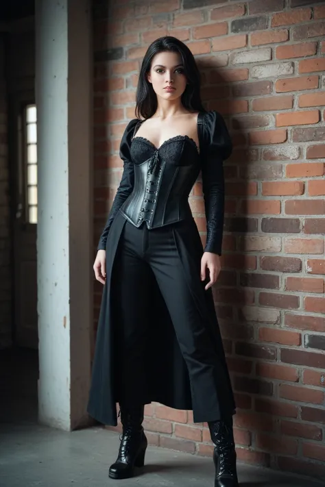 A young woman with a black corset,  black miniskirt ,  and overcoat black. black-haired girl.  shoulder-length hair . Black pants and boots. An empty room with exposed brick wall.