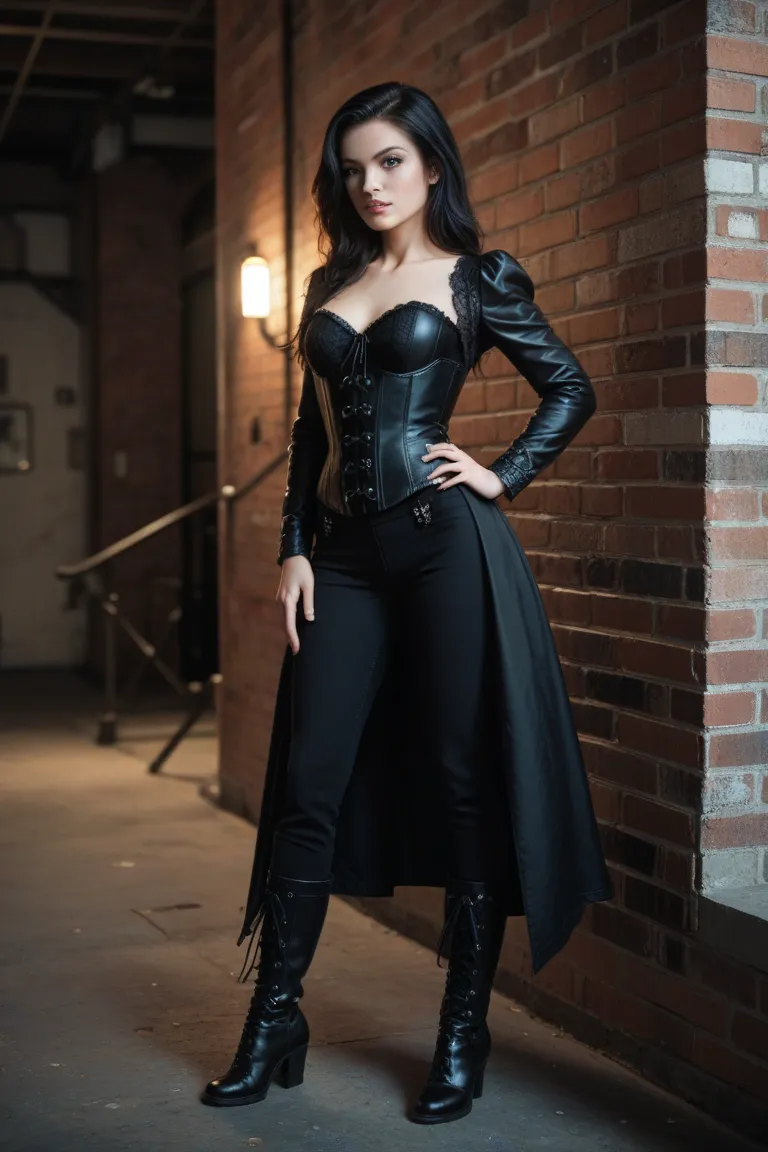 A young woman with a black corset,  black miniskirt ,  and overcoat black. black-haired girl.  shoulder-length hair . Black pants and boots. An empty room with exposed brick wall.