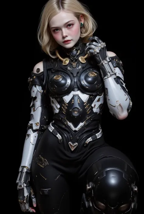 Elle Fanning, ultra-realistic, photorealistic, dramatic scene, shadow, global-illumination, solo, perfect anatomy, perfect fingers, (age cyborg), very beautiful with very cute face, detailed face skin texture, (modern maid but futuristic cyborg), intricate...