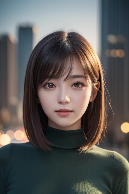 one 19 year old girl, (Dark green turtleneck thin sweater), Raw photo, highest quality, photorealistic, very delicate and beautiful, very detailed, 8K wallpaper, High resolution, soft light, very detailed目と顔, beautifully detailed nose, detailed and beautif...